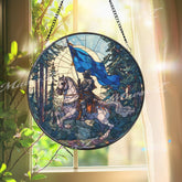 Knight on Horse Stained Glass Suncatcher, Round Medieval Warrior Window Panel with Blue Flag, Fantasy Castle Glass Art Decor
